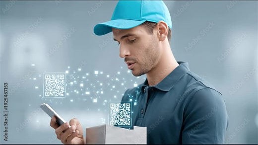 Man uses smartphone to scan QR code while smiling in a bright indoor space with delivery box in hand