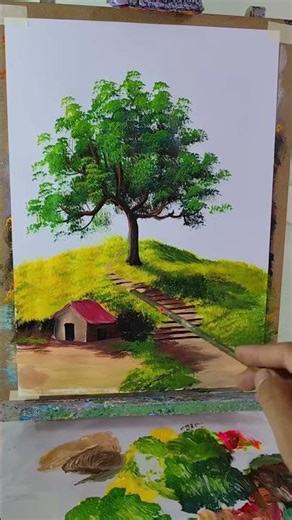 Spring Tree Painting Process on Sunny Hillside | Easy Acrylic Art