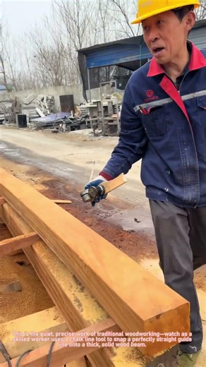 Traditional Chalk Line Marking on a Thick Wood Beam