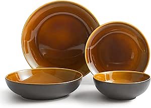 Sango Denyer 16-Piece Stoneware Dinnerware Set with Round Plates and Bowls, Amber