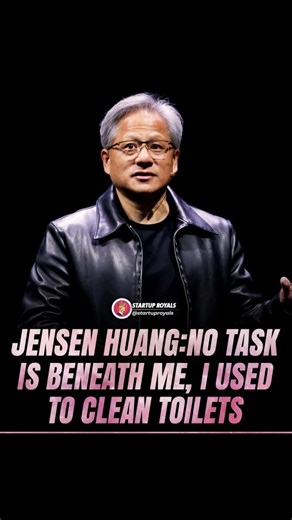 Startup Royals on Instagram: "Jensen Huang, CEO of NVIDIA, emphasizes the value of humility in leadership by recalling his early days working as a dishwasher and cleaning toilets. He explains that no task is beneath him, drawing on those early experiences that taught him the importance of hard work, dedication, and perseverance. Huang’s message is clear: the willingness to take on any task, no matter how small or demanding, is essential to both personal growth and strong leadership. He believes 