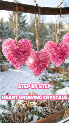 Ingredients 1 cup very hot water (just below boiling) 3 tablespoons Borax powder (laundry aisle) Food coloring: pink, red, or purple Materials Pipe cleaners (pink, red, or purple) Clear glass jar (wide-mouth works best) String or twine Pencil, skewer, or chopstick Spoon Scissors Paper towel Crystal Ratio 3 tablespoons Borax per 1 cup hot water Instructions 1. Shape the Heart Bend a pipe cleaner into a heart shape. Twist the ends together tightly to secure. Tie a piece of string to the top of the