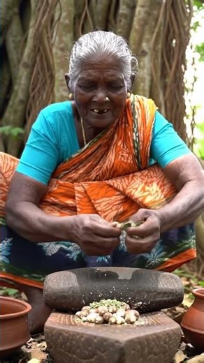 Grandmother Grinding Forest Nuts | Traditional Tribal Cooking in the Wild | Village Life #cooking