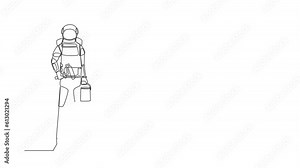 Animated self drawing of continuous line draw astronaut holds roller with paint bucket of paint. House decoration. Preparation home reparation. Cosmonaut outer space. Full length single line animation