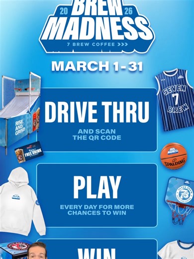 7 Brew Brew Madness Sweepstakes is live Now through March 31, 2026, you can scan the QR code in the 7 Brew drive-thru and play a daily scratch-off style game for a chance to win prizes. You can play once per day and each play enters you into the grand prize drawing. Prizes include free drink rewards, BOGO drink rewards, discounts, merch, mini fridges, and even 3 Ford Broncos. Check the official rules for full details and eligibility. Link in bio. #7brew #7brewcoffee #freebies #fooddeals #sweepst