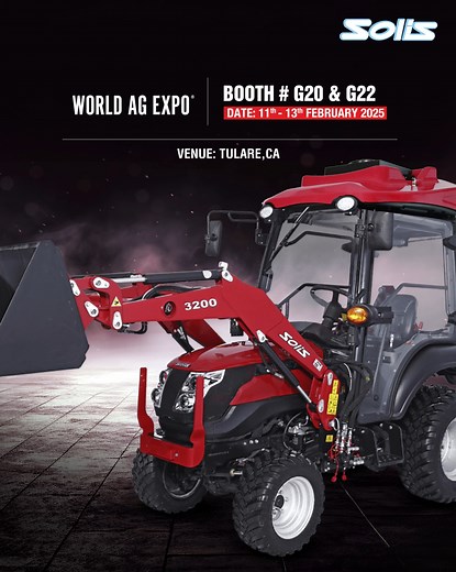 Experience the exceptional power of Solis H24 HST with HVAC. Join us at the booth G20 & G22 on 11th-13th February 2025 at Tulare, CA, for the World Agricultural Expo. Save the dates! #SolisTractors #Solis #SolisTractorUSA #Tractor #Agriculture #Farming #UnstoppablePerformance #WorldAGExpo | Solis Tractors USA