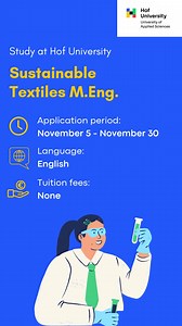 Already have a Bachelor’s in Textile Engineering and want to dive deeper into sustainability, innovation, and global impact? 🎓 Then the Master’s program in Sustainable Textiles (M.Eng.) at Hof University is made for you! 🌍 Learn how to shape a more responsible textile industry — from sustainable materials and production methods to legal regulations, labour rights, and environmental protection. 🔬 Research innovative fibres, optimize processes, and drive change in global textile value chains. ✨