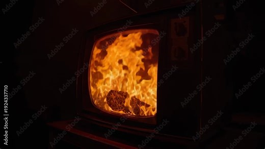 Flickering vintage CRT TV showing flames starting on screen in dim room, charred mass visible