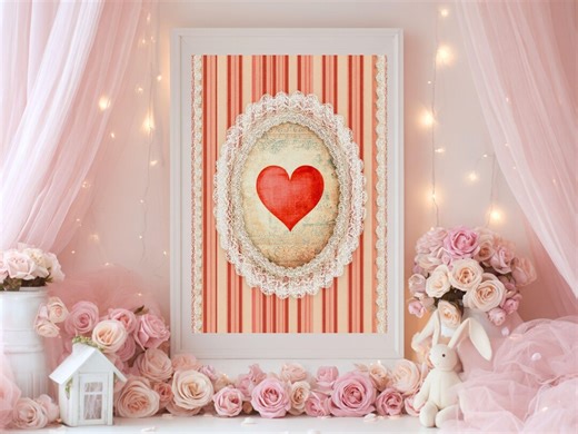 Vintage Valentine Heart Lace Frame Print, Romantic Pink Red Decor - Etsy