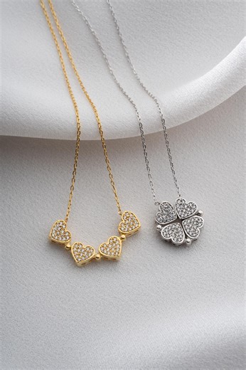 Magnetic Heart Necklace in 925 Sterling Silver, Zircon Clover Necklace, Gold Plated Romantic Jewelry - Etsy