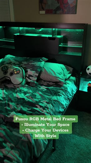 Fusou RGB Light Bed Frame with Charging Station, Metal LED Platform Bed with Adjustable Brightness, Storage Space Under Bed, Design for Twin, Full, and Queen Sizes