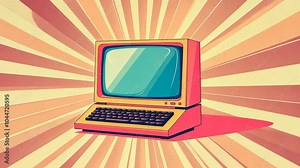 Vintage computer illustration with a retro design and vibrant background.