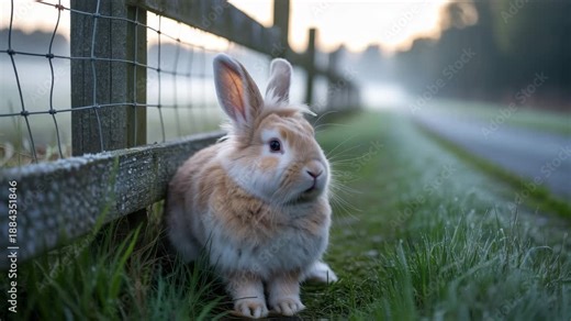 Adorable angora rabbit hopping through misty morning meadow