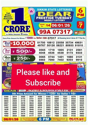 SIKKIM STATE DEAR LOTTERY SAMBAD LIVE RESULT TODAY 6 PM 06/01/2026#resultupdate