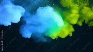 Blue and green particles collide and separate in a dynamic and fluid dance never losing their sense of unity.