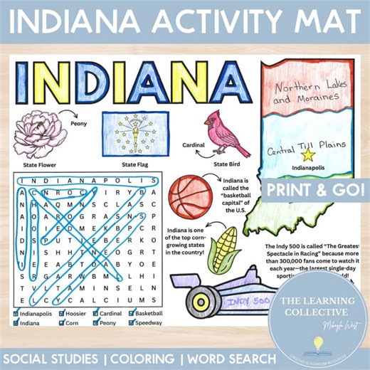 All About Indiana | State Worksheet | Symbols, Regions, Word Search, & Coloring