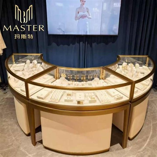 Luxury Lockable Jewelry Display Case Lighted Glass Display Table Modern Shop Designs Curved Display Cabinet for Bijou Boutique