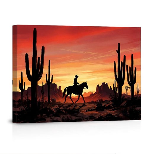 Vintage Western Sunset Canvas Art, Cowboy & Cactus Desert Landscape Wall Decor, Rustic American West Poster - Etsy