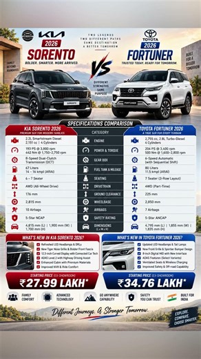 2026 Kia Sorento vs Toyota Fortuner | Price, Specs & Features Compared! 🔥