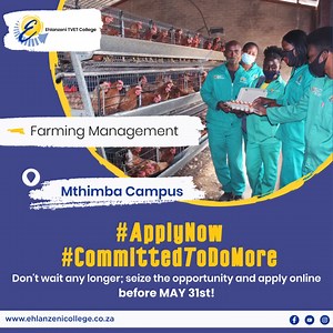 🌟 Exciting news alert! 🌟 Join us at Ehlanzeni TVET College for semester 2! Applications now open until May 31, 2024. Discover your passion in farming management 🚜 or hospitality management 🍽. Embrace your future as a management assistant 📊. Explore the opportunities at our Mthimba Campus or Mashishing Campus. Don't miss out, apply now! #EhlanzeniTVET #FutureLeaders #EducationForAll https://www.ehlanzenicollege.co.za/ | Mpumalanga News