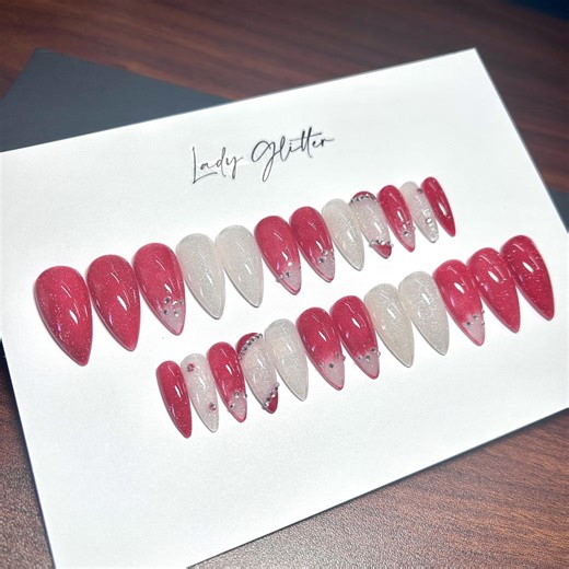 Red, Glitter, Bling, Medium Stiletto Nails, Full Set 24, Valentine, Rhinestones - Etsy
