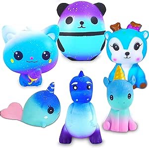Squishies, Slow Rising Galaxy Squishy Toys Set - 6 Pack Soft Kawaii Big Squishys Cat Panda Unicorn Dinosaur Squishy Animals Stress Relief Fidget Squeeze Toy for Boys and Girls