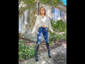 HANNAH MODELS BLACK LEATHER KNEE BOOTS WITH CASUAL FALL SEASON STYLE IN SKIRT AND DENIM JEANS OOTD