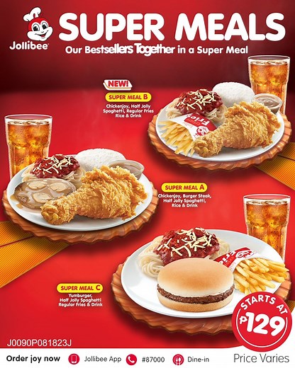 123K views · 847 reactions | Enjoy all the bestsellers of Jollibee in a Super Meal. Try the new Super Meal featuring Chickenjoy, Jolly Crispy Fries, and Jolly Spaghetti. Starts at P129. Price Varies. | Jollibee | Facebook