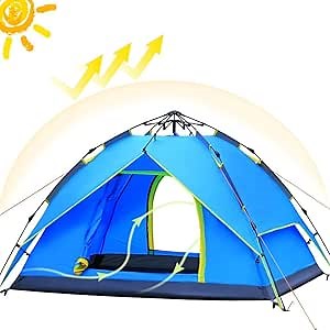 ayamaya Pop Up Tent for 3-4 Person, 3 Season Easy Setup Family Camping Tent - Ventilated [2 Doors] [Mesh Window] Quick Ez Set Up Dome Popup Tents (Sky Blue)