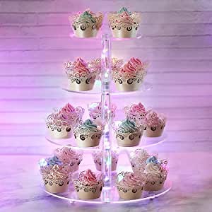 Cupcake Display Stand, Acrylic Cupcake Tower Display with LED String Lights - 4 Tier Cupcake Holder Dessert Stand Pastry Stand for Wedding, Birthday Party -15.5 Inches (Colorful)
