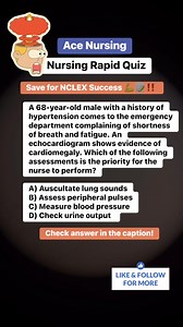 ‼️ You probably found this quite daunting; only the knowledgeable can respond. Comment if you know the answer! A 68-year-old male with a history of hypertension comes to the emergency department complaining of shortness of breath and fatigue. An echocardiogram shows evidence of cardiomegaly. Which of the following assessments is the priority for the nurse to perform?A) Auscultate lung sounds B) Assess peripheral pulses C) Measure blood pressure D) Check urine output Answer: A) Auscultate lung so