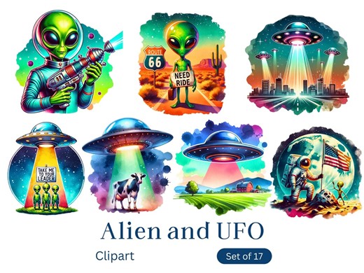 Alien and UFO Clipart - Watercolor Style - Cute Alien PNG - Transparent Background Clipart - Etsy Australia