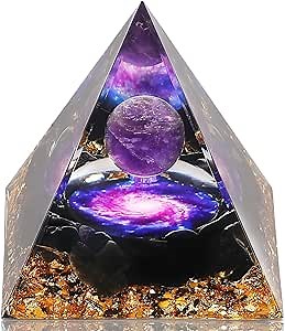 Cosmos Orgone Pyramid with Amethyst Stones, Generator for Positive Energy, Natural Crystal Healing Pyramid for Stress Relief, Meditation, Yoga, Office, Desk Decor