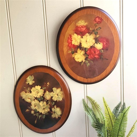 Vintage Floral Wall Plaques, Pair of Australian Woodprints Vernon Ward Oval Art, Moody Red & Cream Roses, Dark Academia Decor - Etsy Australia
