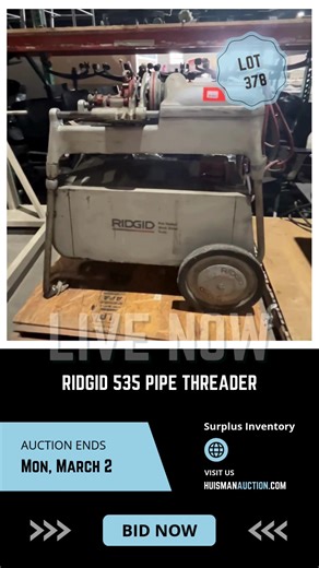 🔩 Featured Lot 378 – RIDGID 535 Pipe Threader When the job calls for clean, accurate threading, the RIDGID 535 delivers. Built for durability and performance, this machine is a go-to for plumbing professionals, mechanical contractors, and fabrication shops. If you’re adding capability or upgrading your equipment, this is a serious workhorse worth your attention. 🗓 Auction Closes: March 2 ⏰ Lots Begin Closing at 1PM 📍 Location: Stockton, CA Register and bid online at HuismanAuction.com Helping