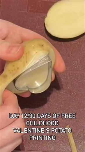 The Mum Circle on Instagram: "Day 12/30 days of free childhood, Valentine’s potato printing. This is going to make the most gorgeous gift wrap for Valentine’s Day. 🫶 I have no idea in the years I’ve spent carving these by hand why it’s never crossed my mind to use a cutter, but we roll! Literally halved the prep time, made it safe for her to get involved in the set up and no need to try and guess what it is for the recipient! Hooray! J x Drop us a comment - hack or late to the party?"