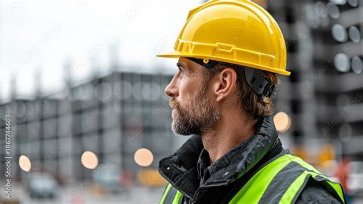 Construction worker in safety gear observing site progress with focused expression, wearing hard hat and reflective vest, engaged in monitoring construction activities and ensuring safety compliance