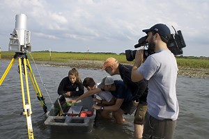 The Rodriguez lab shows UNC-TV the 3D laser scanning software as they scan the Carrot Island shoreline