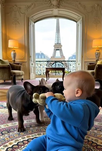 6 Monate alter Junge in einem blauen Gucci-Sweatshirt. Welpen mit 4 französischen Bulldoggenwelpen.😊