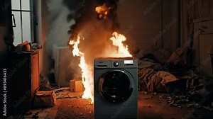 Washing Machine Fire in Apartment Creates Dangerous Situation Stock Video