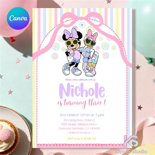 Mouse Daisy Invitations, Pastel Bow Party Card, Kids Birthday Template (digital Download) - Etsy