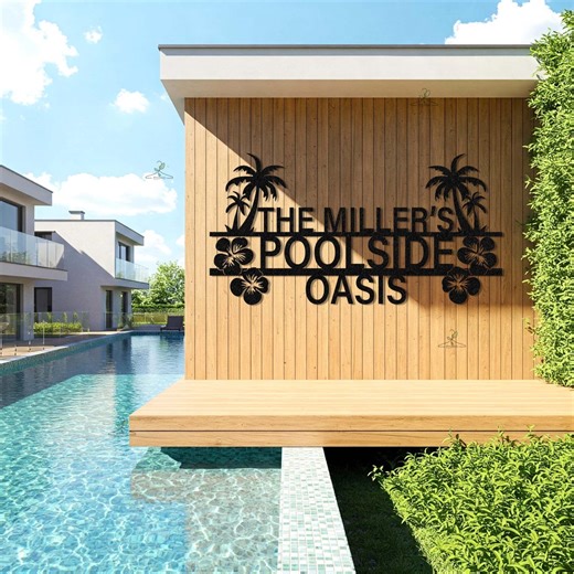 Custom Family Pool Sign, Poolside Oasis Wall Decor, Tropical Palm Tree Metal Art - Etsy
