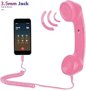 Cell Phone Handset, Retro Telephone Handset 3.5 mm Wired Anti Radiation Noise Reduction Receivers for iPhone, Android Mobile Phones, Smartphone (Pink)