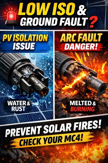 Smart Solar on Instagram: "Why Your Solar Inverter Shows "Low ISO" & "Ground Fault" Alarms🚨 PV Isolation,Arc Faults Explained Seeing "Low ISO" (Low Insulation Resistance) or "Ground Fault" alarms on your solar inverter? Most people think the inverter is faulty, but the real cause is often poorly connected MC4 connectors affecting PV Isolation. In this video, you’ll learn: ✅ How loose screw caps let water in, affecting PV isolation and triggering "Low ISO" or "Ground Fault" alarms. ✅ Why missing