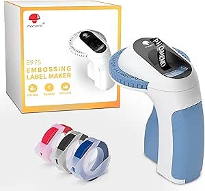 Memoqueen Embossing Label Maker Machine with 3 Tapes，Portable 3D Embosser, Handheld Mini Embossed Label Printer with 3 Label Maker Tape for Small Business Office Home and DIY Crafting-E975 Blue