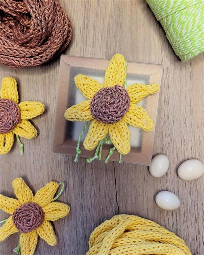 Communion and Confirmation Favors, Place Cards, and a "sunflower" Magnet in Yellow Ochre and Brown Tricotin. - Etsy
