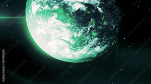 Bright view of the cosmome . Motion . The moon illuminated in green, made in animation.