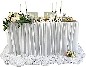 Pooling and Floating Chiffon Table Skirt with extra length, 6FT 9FT 14FT Sheer Tablecloth, Baby Shower, Birthdays Party, Main Cake Table Decoration, Wdding Table Skirt (White, 14FT)