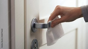 hygiene, health care and safety concept - close up of hand cleaning and disinfecting doorhandle surface with antiseptic wet wipe