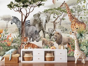 Jungle Safari Animals Wallpaper: Peel and Stick Wall Mural - Etsy